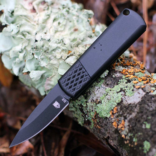 CobraTec Compact Hidden Release Automatic (CTCHRBLK) - 1.9 Black D2 Steel Drop Point Plain Blade, Black Aluminum with Black Bolster Handle