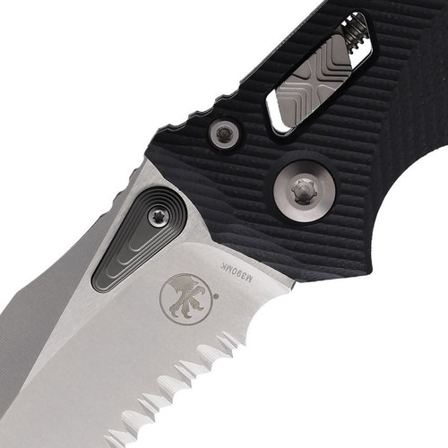 Microtech Amphibian S/E Ram-Lok (MCT16077) 3.9" Stonewash Drop Point Partially Serrated Blade, Black Fluted Aluminum Handle, Manual Opening