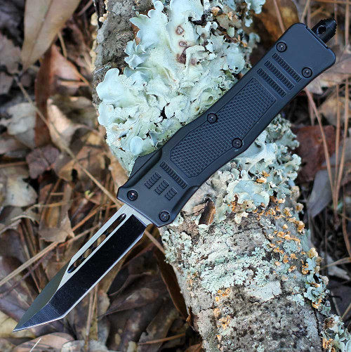 Master Cutlery OTF 675BK (MCOTF675BK) 2.75" 3Cr13 Two-Toned Tanto Plain Blade, Black Rubber Coated Stainless Steel  Handle, Glass Breaker, Double Action
