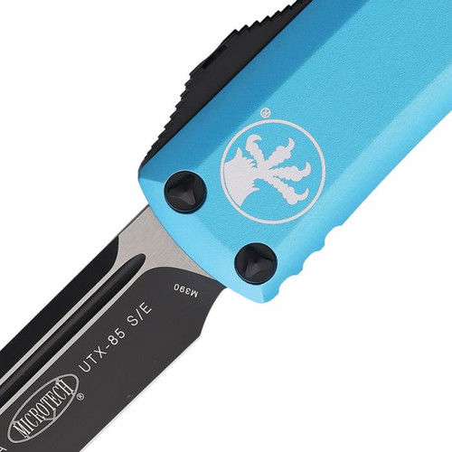 Microtech UTX-85 S/E (231-1TQ) 3.125" Premium Steel Black Drop Point Plain Blade, Turquoise Aluminum Handle w/ Double-Action Thumb Slide