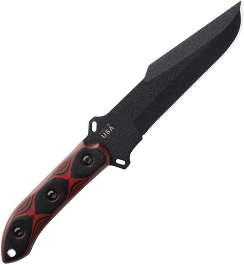 TOPS Knives Black Heat (TPBLKHT01) 6.5" 1095 Black Traction Coated Clip Point Plain Blade, Red and Black G-10 Handle