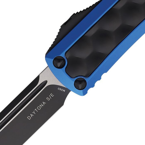 Microtech Daytona S/E (124-1 BLBIS) 3" Premium Steel Black Drop Point Plain Blade, Blue Aluminum Handle w/ Black Bubble Grip Inlay w/ Double-Action Thumb Slide