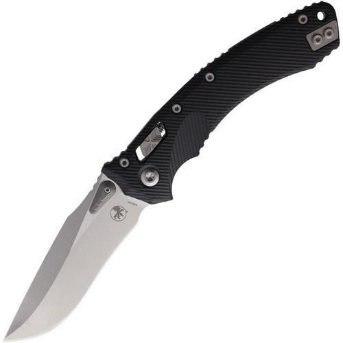 Microtech Amphibian S/E (137RL-10FLGTBK) 3.9" Premium Steel Stonewashed Drop Point Plain Blade, Fluted Black G-10 Handle