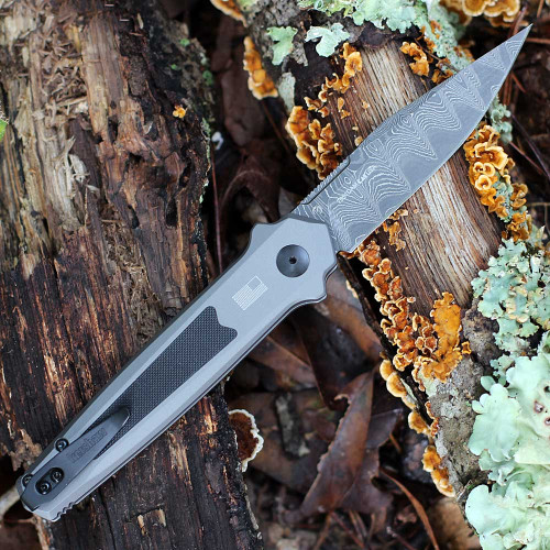 Kershaw Launch 17 (7951DAM) 3.5" Damascus Clip Point Plain Blade, Grey Anodized Aluminum Handle with Black G-10 Inlays