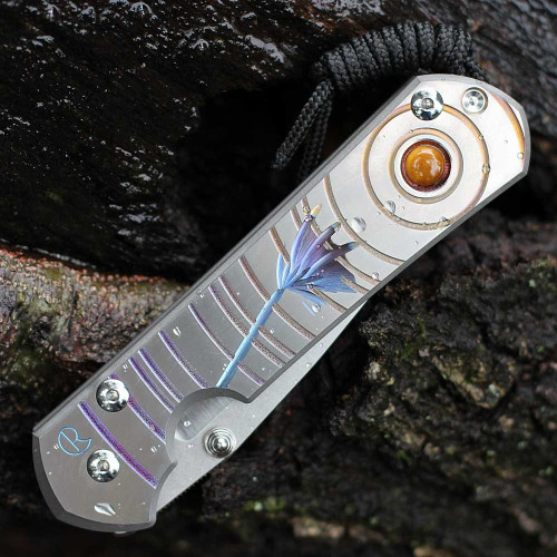 Chris Reeve Large Sebenza 31 Unique Graphic Artist's Choice, 3.61" Satin CPM-MagnaCut Drop Point Blade with Cabochon - Tiger's Eye (L31-1408-0268)