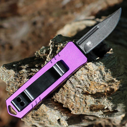Boker Plus USB OTF 2.0 (06EX269) 1.77" D2 Blackwashed Drop Point Plain Blade, Purple Aluminum Handle with Double-Action Thumb Slide, Black Pocket Clip