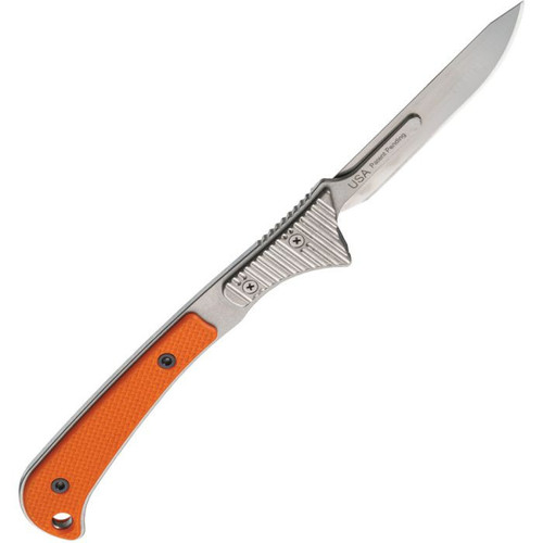 Hogue Expel Scalpel (35874) 2.5" High Carbon Steel Stonewashed Drop Point Plain Replaceable Blade, Solid Orange G-10 Handle, Orange Nylon Blade Guard
