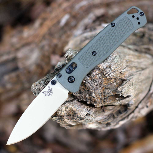 Benchmade Bugout Folding Knife (535TN-11) 3.24 inch Desert Verde Cerakote Plain Edge Drop Point Blade, Dark Olive Grivory Handle
