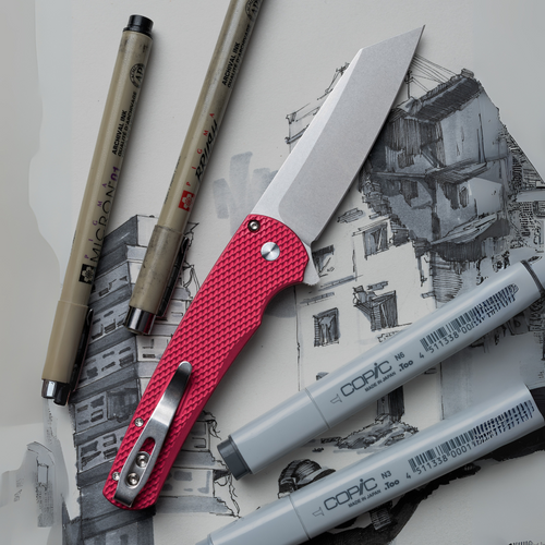 Pro-Tech Malibu Button Lock Flipper (5405 LTD-Red) - 3.5" CPM-MagnaCut Stonewash Reverse Tanto Blade, Textured Red Aluminum Handle gold Lip Pearl Button, Satin Hardware, Polished Clip