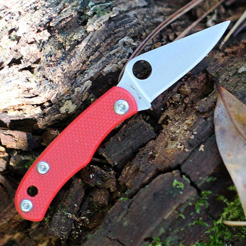Spyderco Bug G-10 C133GRDP red G-10 handle open view showing 12C27 satin micro plain blade