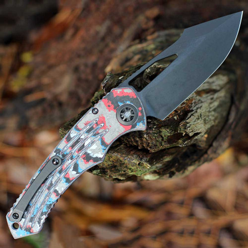 Heretic Knives Pariah Manual DLC (H046-6A-USA/CC) 3.75" MagnaCut Drop Point Black DLC Plain Blade, American Camo Carbon Spangled with the Red White and Blue