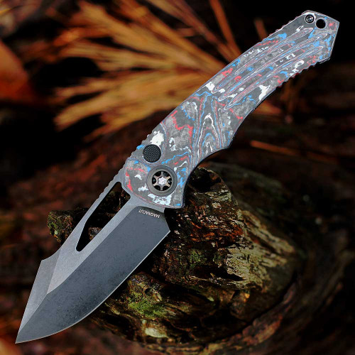Heretic Knives Pariah Manual DLC (H046-6A-USA/CC) 3.75" MagnaCut Drop Point Black DLC Plain Blade, American Camo Carbon Spangled with the Red White and Blue