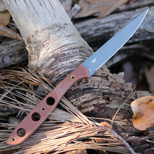 CRKT Kasilof (3031) 3.87" 1095 Gray Cerakote Spear Point Plain Blade, Brown Micarta Handle, Brown Leather Belt Sheath