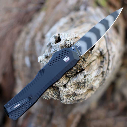 Kershaw Livewire OTF (9000TS) 3.36" CPM-MagnaCut Tiger Stripe Finished Spear Point Plain Blade, Black Aluminum Handle w/ Double-Action Thumb Slide