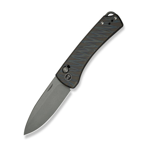 WE Knife Nightblade (22046-3) 2.98" CPM-20CV Gray Stonewashed Drop Point Plain Blade, Tiger Stripe Patterned Flamed Titanium Handle