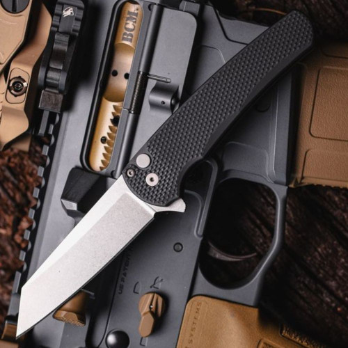 Pro-Tech Malibu 5405 — 3.25" CPM-MagnaCut stonewash reverse tanto, textured black 7075 aluminum handle, button lock flipper, USA made, front open view