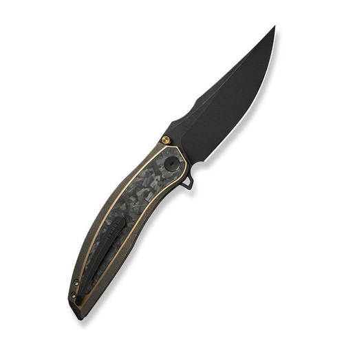 WE Knife Quinseris (WE23093-2) 3.96" Bohler M390 Blackwashed Clip Point Plain Blade, Bronze Titanium Handle w/ Shredded Carbon Fiber Inlay