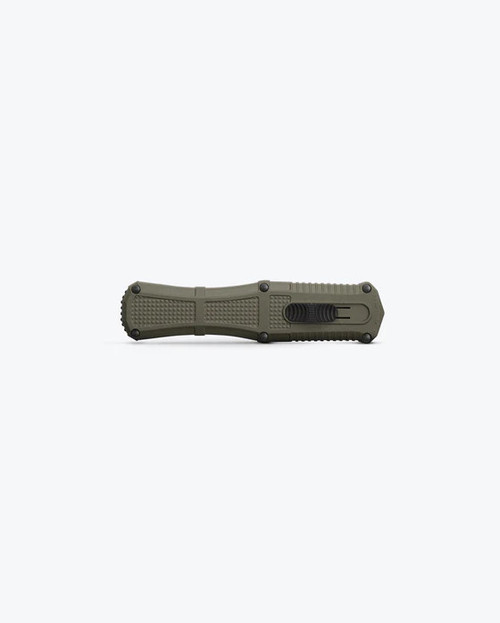 Benchmade 3370GY-1 Claymore OTF - 3.89 Smoke Gray CPM-D2 Double Edge Plain Blade, Ranger Green Grivory Handle