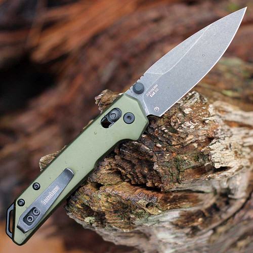Kershaw Mini Iridium (2051OLBW) 3" D2 Blackwash Spear Point Plain Blade, Olive Drab Green Anodized Aluminum Handle
