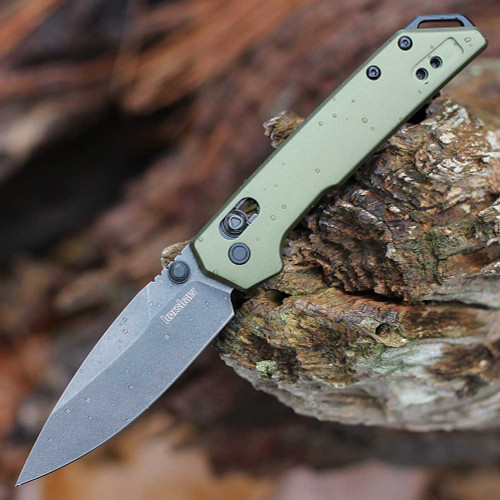 Kershaw Mini Iridium 2051OLBW folding knife open view showing the 3.0-inch blackwashed spear point blade and OD green handle.