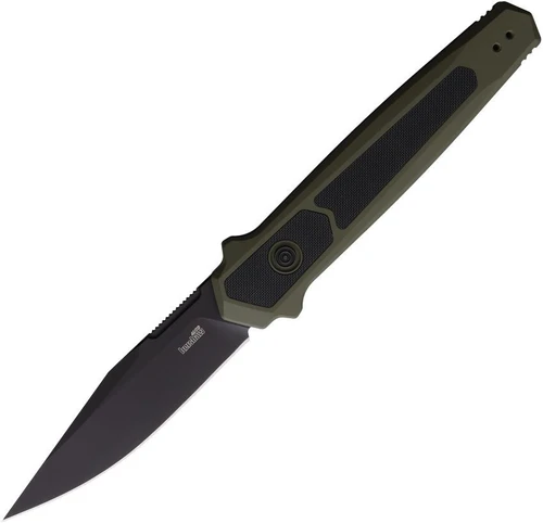 Kershaw Launch 17 7951OLBLK automatic knife open view showing the 3.5-inch black Cerakote clip point blade and green/black handle.
