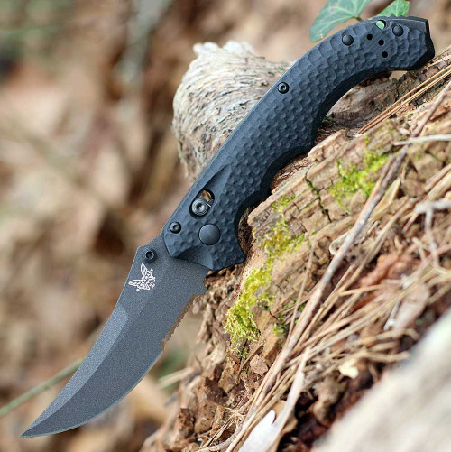 Benchmade Mini Bedlam (865SBK) 3.45" CPM-S90V Black Cerakote Scimitar Partially Serrated Blade, Black G-10 Handle