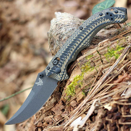 Benchmade Mini Bedlam (865BK-01) 3.45" CPM-S90V Black Cerakote Scimitar Plain Blade, Black/Coyote/and OD G-10 Handle