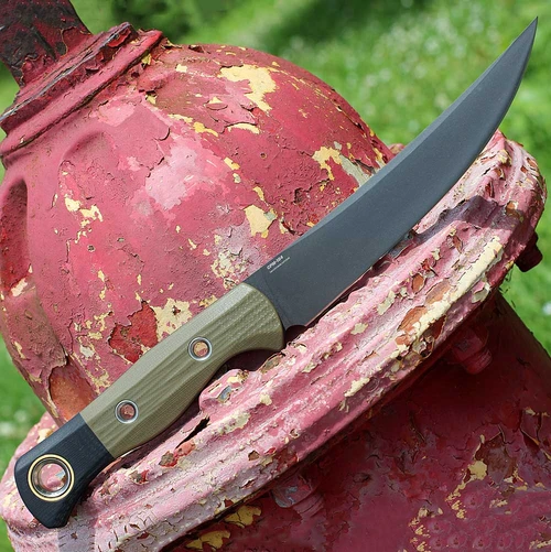 Benchmade Meatcrafter 4050BK-01 with 6.14" CPM-154 black DLC plain trailing point blade and OD Green/Black G-10 handle, side view