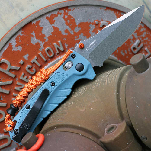 Benchmade Mini Adira (18065S) 3.21" CPM-MagnaCut Polished Stonewashed Drop Point Partially Serrated Blade, Depth Blue Grivory Handle