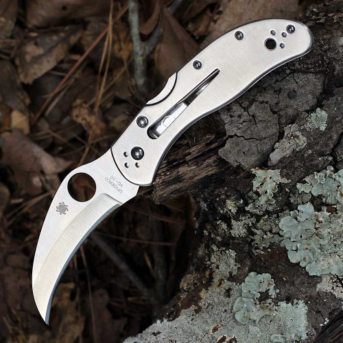 Spyderco Harpy C08P stainless steel handle open view showing VG-10 satin hawksbill PlainEdge blade