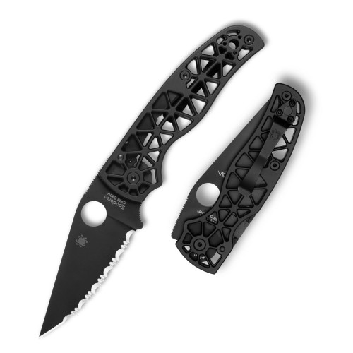 Spyderco Edgerati C266BKALBKS skeletonized black aluminum handle open view showing black DLC CPM S30V serrated SpyderEdge blade