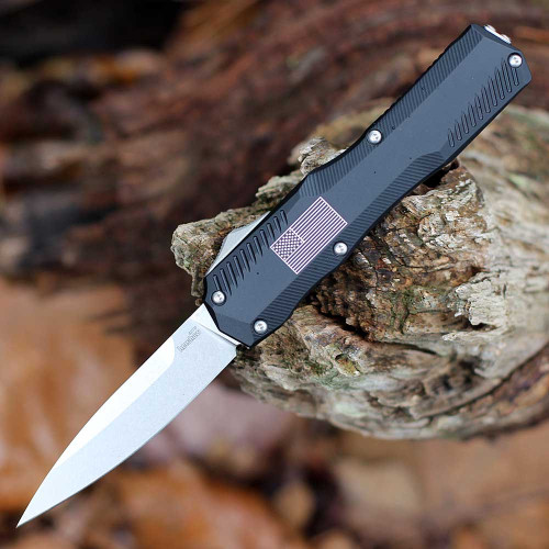 Kershaw Livewire 9000USA limited run OTF automatic knife open view showing the 3.3-inch stonewashed spear point blade and USA flag handle.