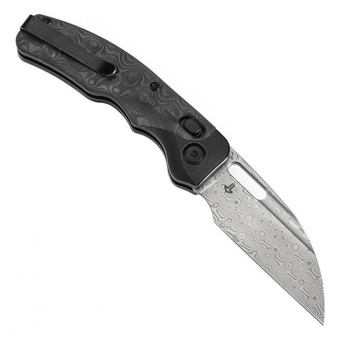 Kansept Vivid (K1094V1) 3.04" Damascus Wharncliffe Plain Blade, Blackwashed Titanium Handle w/ Rose Pattern Carbon Fiber