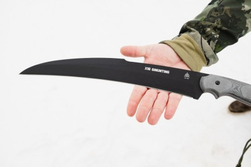 TOPS X16 Ginunting (TPX16G01) 15.75" 1095 Black Traction Coated Hawkbill Plain Blade, Black Linen Micarta Handle, Black Kydex Sheath