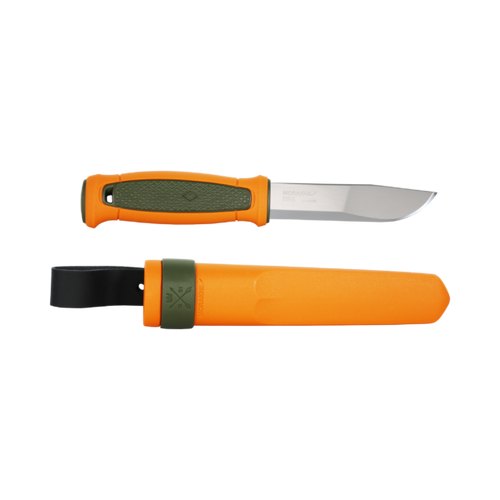Mora Kansbol Hunting (S) (M-14236) 4.3" Swedish Stainless Steel Polished Drop Point Plain Blade, Burnt Orange and Olive Green TPE Handle, Burnt Orange and Olive Green Plastic Sheath