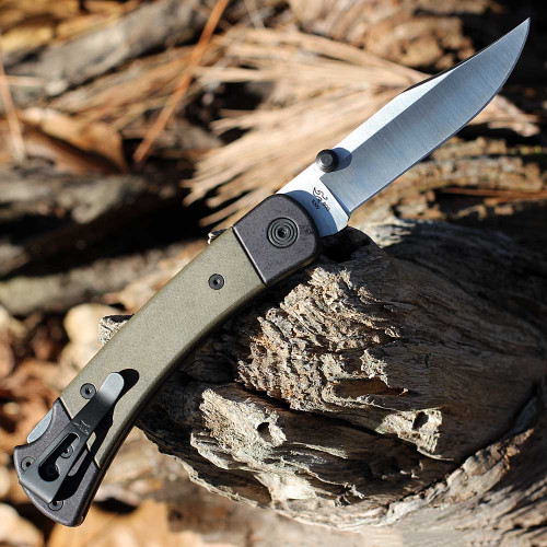 Buck Knives 110 Hunter Sport (110GRS5) 3.75" Satin Clip Point Plain Blade, Olive Drab Green Micarta Handle with Black AluminumBolsters