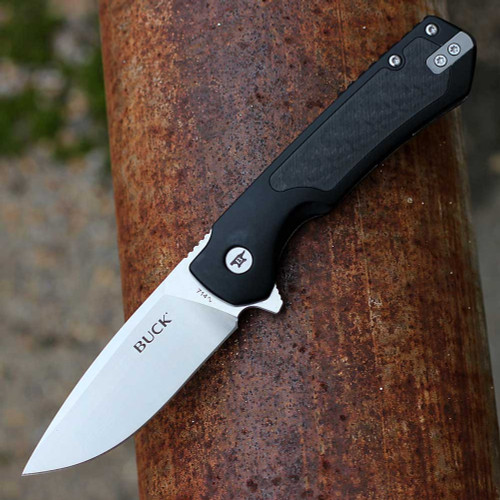 Buck Knives Stinger (714BKS) 3" D2 Satin Drop Point Plain Blade, Black Aluminum Handle w/ Black Carbon Fiber Inlay