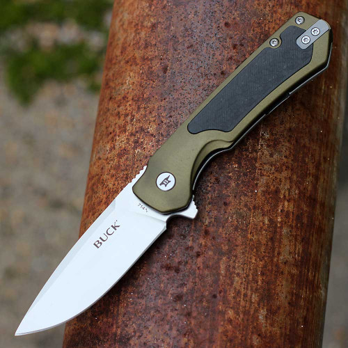 Buck Knives Stinger (714GRS) 3" D2 Satin Drop Point Plain Blade, Green Aluminum Handle w/ Black Carbon Fiber Inlay