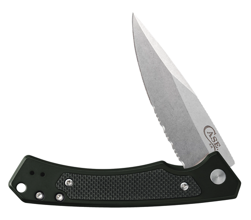 Case Marilla Frame Lock Knife (25879) - 3.4" CPM-S35VN Stonewash Serrated Drop Point Blade, Dark Green Aluminum Handle with Black G-10 Inlay