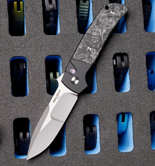Pro-Tech Knives 2024 Terzuola ATCF Custom 003 (2024 ATCF 003) - 3.5" Mike Irie Hand Ground Drop Point Plain Blade, Black with Dark Matter FatCarbon Inlays Black Lip Peral Button, 3D Ti Clip, Satin Hardware
