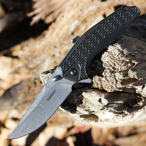 Kershaw Coilover A/O (1348) 3" 8Cr13MoV Stonewashed Straight Back Plain Blade, Black Textured Fiberglass Reinforced Nylon Handle