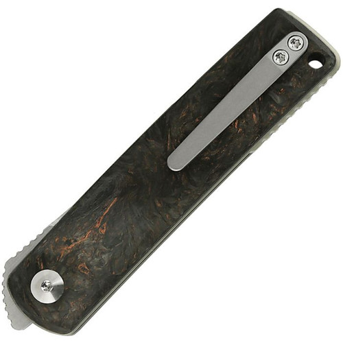 Reate Knives Bushido (REA158) 2.76" Bohler M390 Hand Rubbed Satin Trailing Point Plain Blade, Black Titanium Handle w/ Dark Matter Copper Fat Carbon Inlays