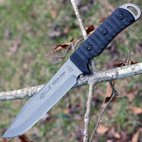 TOPS Apache Dawn Rockies Edition (TPAPAD02) 6.75" 1095 Tumbled Clip Point Plain Blade, Black G-10 Handle, OD Green Nylon Belt Sheath with Plastic Insert