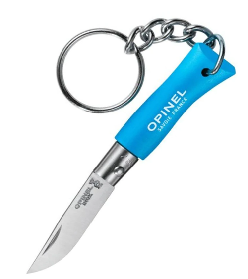 Opinel N0.02 Keyring Pocket Knife (OP002270) 1.36" Satin Drop Point Plain Blade, Sky Blue Wood Handle, Keyring