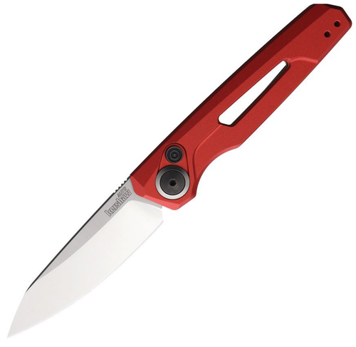 Kershaw Launch 11 7550RD automatic knife open view showing the 2.75-inch stonewashed drop point blade and red handle.
