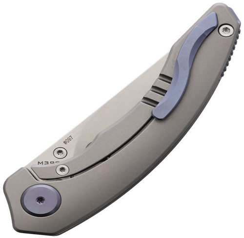 Maxace Yu Framelock (MAXMY01)  3"Stonewash and Satin Finish Bohler M390 Stainless Blade, Gray Titanium Handle , Jewel Inlay