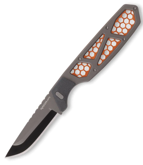 Outdoor Edge Razor APX (APX25-5C) 2.5" Japanese 420J2 Stainless Steel Replaceable Drop Point Plain Razor Blade, Titanium-coated 420 Stainless Steel w/Orange Anodized Aluminum Skeleton, Polypropylene with Silicon Cover Scales, Drop Point Compatible Sheath