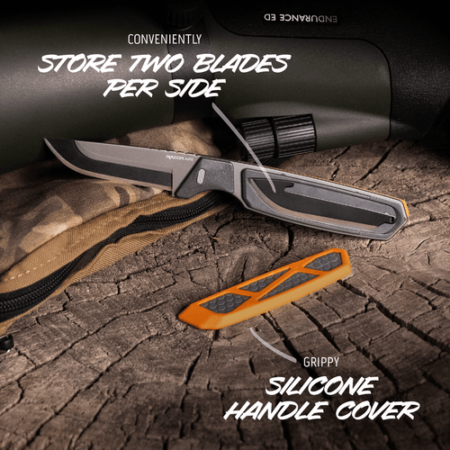 Outdoor Edge Razor APX (APX30-6C) 3" Japanese 420J2 Black Oxide Stainless Steel Replaceable Saw, Caping, Gutting, Drop Point Plain Razor Blade, Titanium-coated 420 Stainless Steel w/Orange Anodized Aluminum Skeleton, Polypropylene with Silicon Cover Scales, with Drop Point Compatible Sheath and Orange Blade Storage Pod