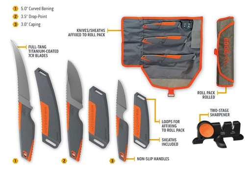 Outdoor Edge Vantex 4 Piece Hunting Knife Set w Roll Pack & Sharpener (VNTX4-C)