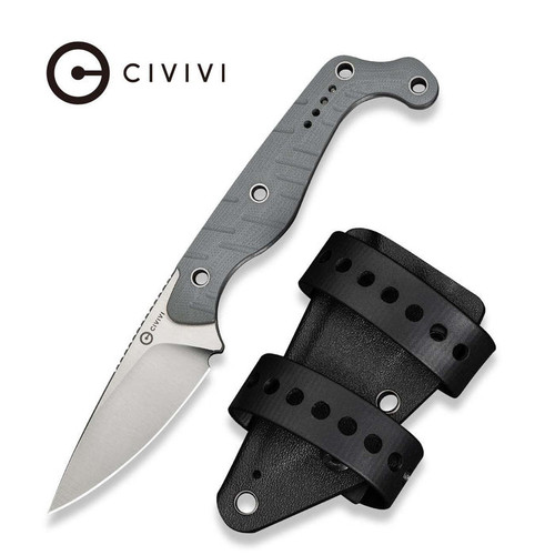 Civivi SOKN Fixed Blade (C22027-2) 2.82" Stonewashed Nitro-V Drop Point Plain Blade, Grey G-10 Handle, Black Kydex Sheath